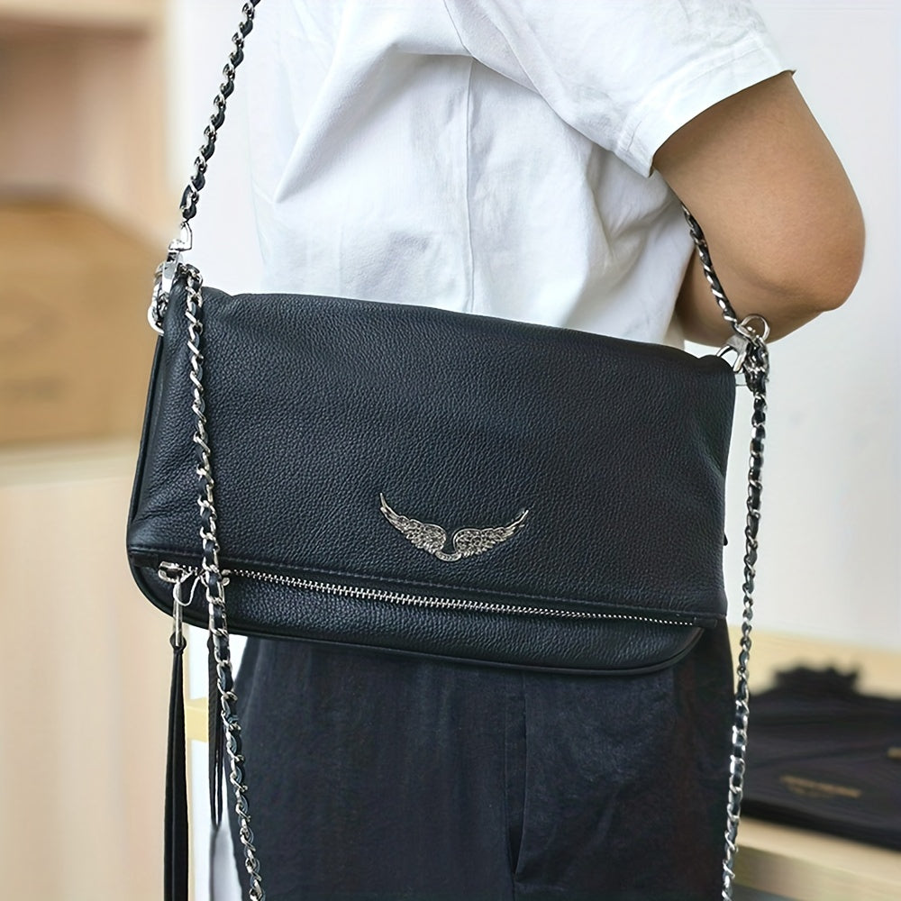 Wing Decor Shoulder Bag - Fashionable Chain Genuine Leather Flap Handbag